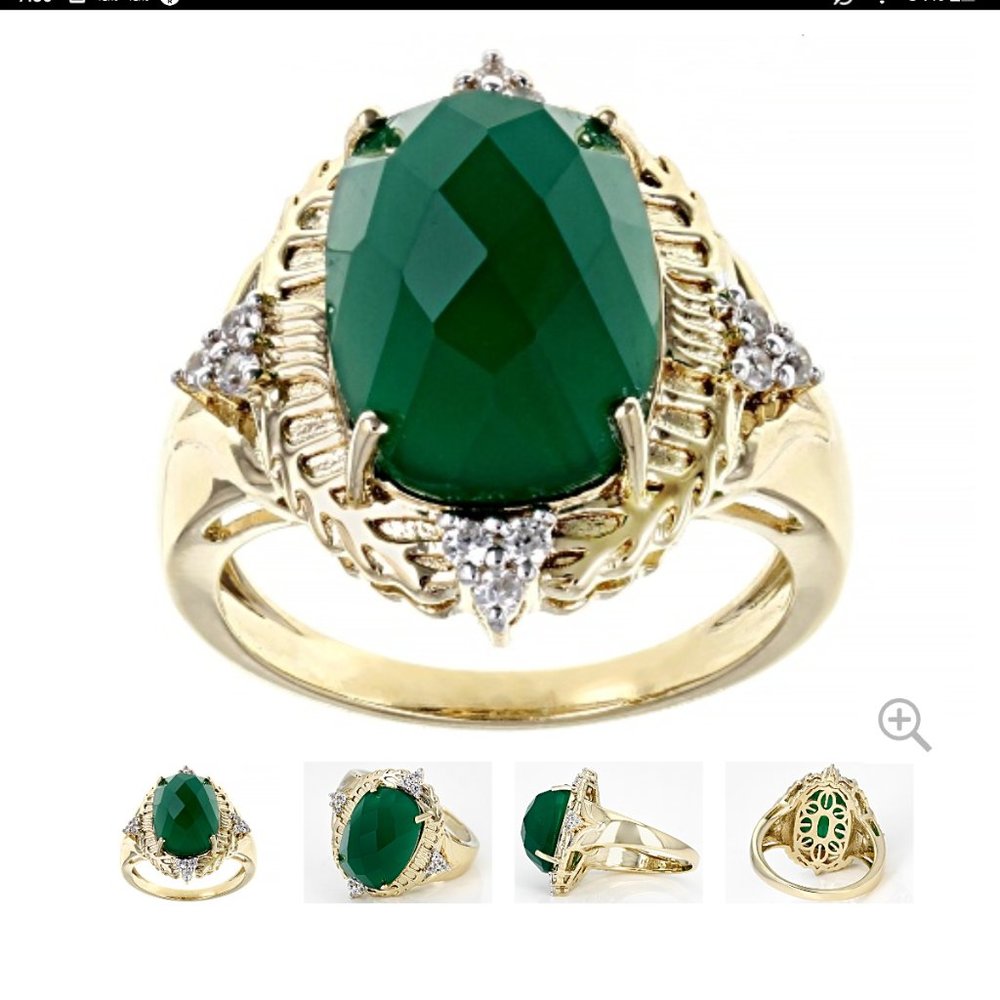 Green Onyx Ring with White Zircon & 18k Yellow Gold Over Sterling Silver